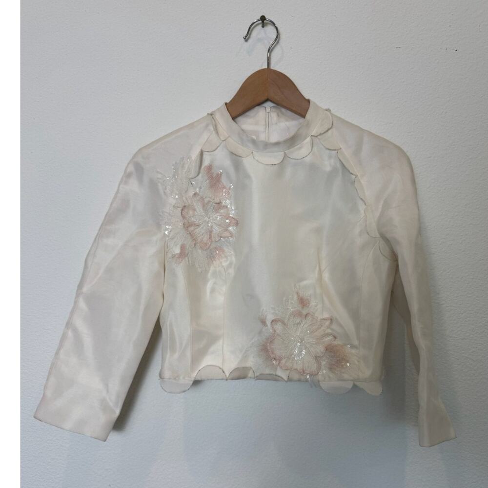 VILLA STOGOVA Size 38 Beaded Sequin Silk Satin Crop Top Blouse Jacket Scallop